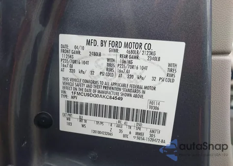 2010 Ford Escape Xlt from USA, damaged, VIN 1FMCU9DG0AKC84549
